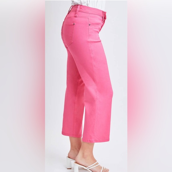 Royalty For Me Bubble Gum Pink Missy High-Rise Hyperstretch Wide Leg Crop Jeans - Picture 1 of 6